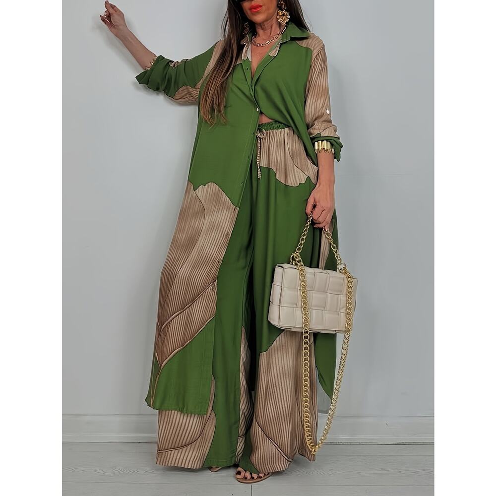 Luxury Green Colorblock Satin Oversized Button-Down Shirt & Wide-Leg Pants - Picture 2 of 5